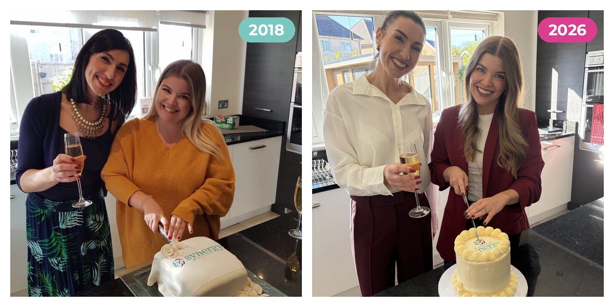 synergy_then_and_now_1200x600 Synergy Recruitment co-founders cutting a celebration cake in 2018 and again on the company's 8th birthday in 2026