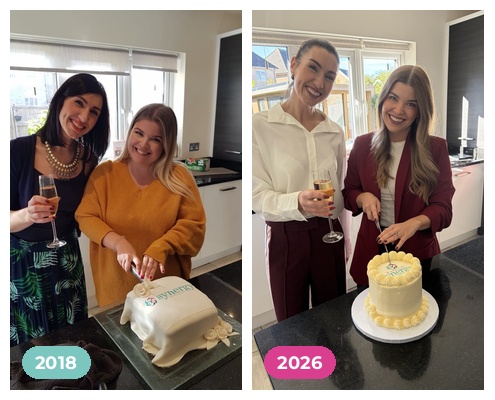 Synergy Recruitment co-founders cutting a celebration cake in 2018 and again on the company's 8th birthday in 2026
